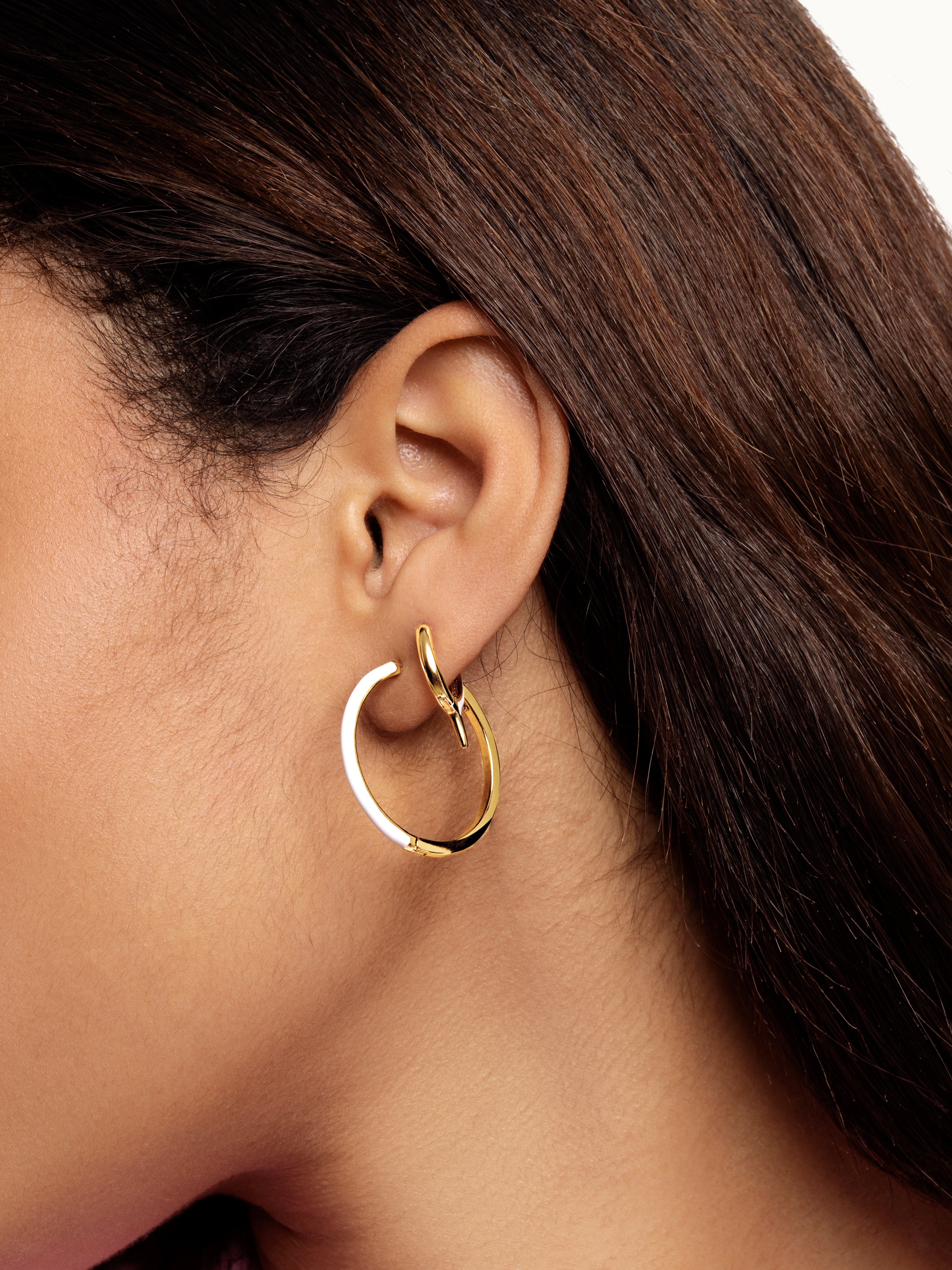 White Enamel L Gold Hoop Earrings