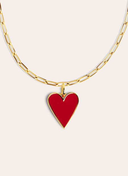  Lovely Heart Red Enamel Gold Necklace