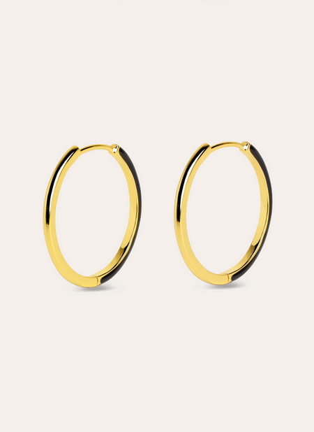 Black Enamel L Gold Hoop Earrings