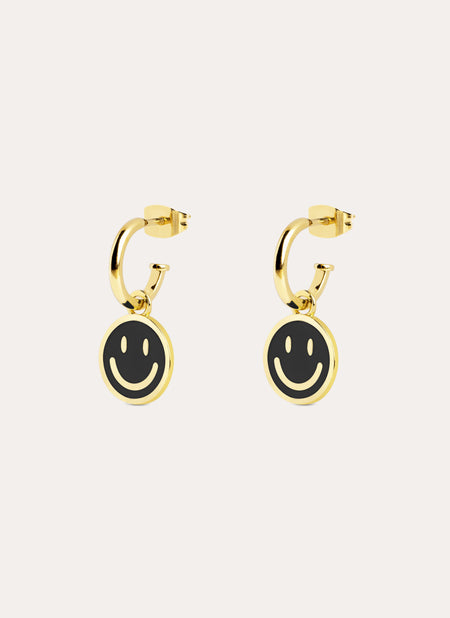Smiley Black Enamel Gold Hoop Earrings
