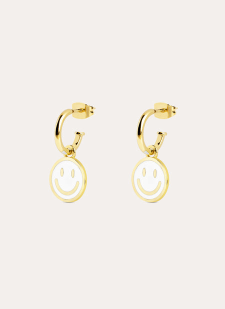 Smiley White Enamel Gold Hoop Earrings